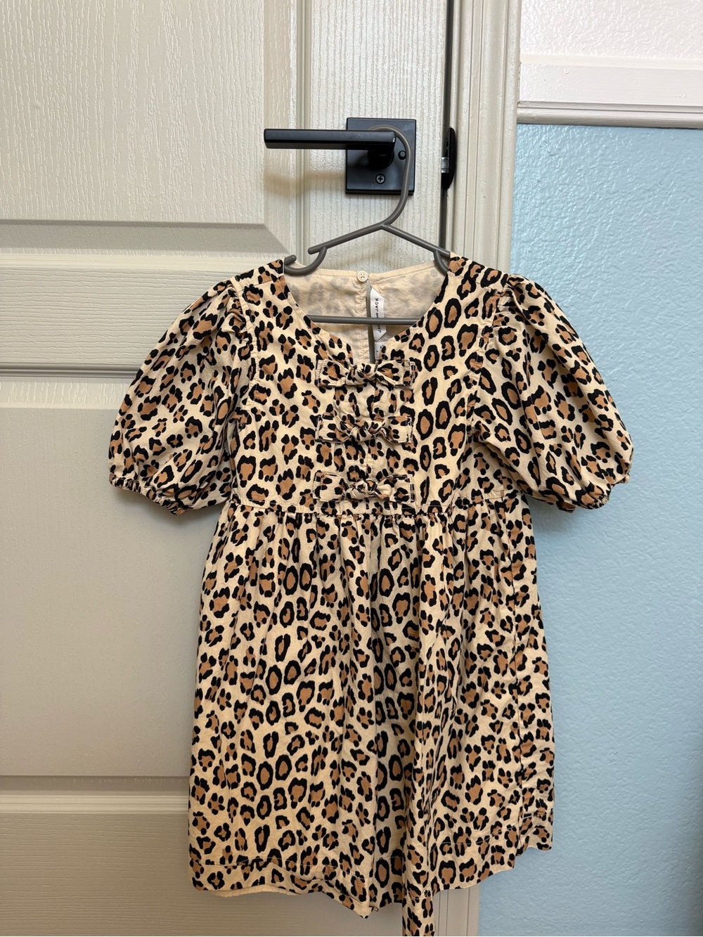 Janie and Jack Leopard Print Puff-Sleeve Dress - Tan & Black